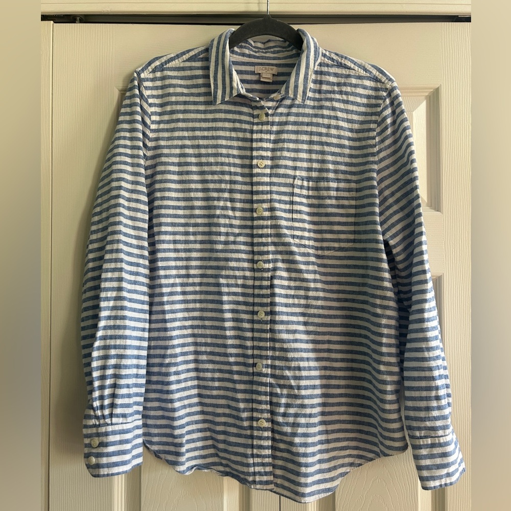 J.Crew Button Down Shirt Women’s L Blue White Stripe Long Sleeve Linen Blend